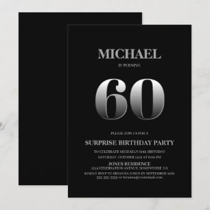 Minimalist Black and Silver Surprise 60th Birthday Invitation