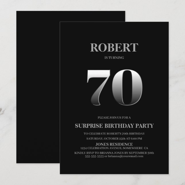 Minimalist Black and Silver Surprise 70th Birthday Invitation (Front/Back)