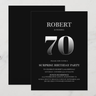 Minimalist Black and Silver Surprise 70th Birthday Invitation