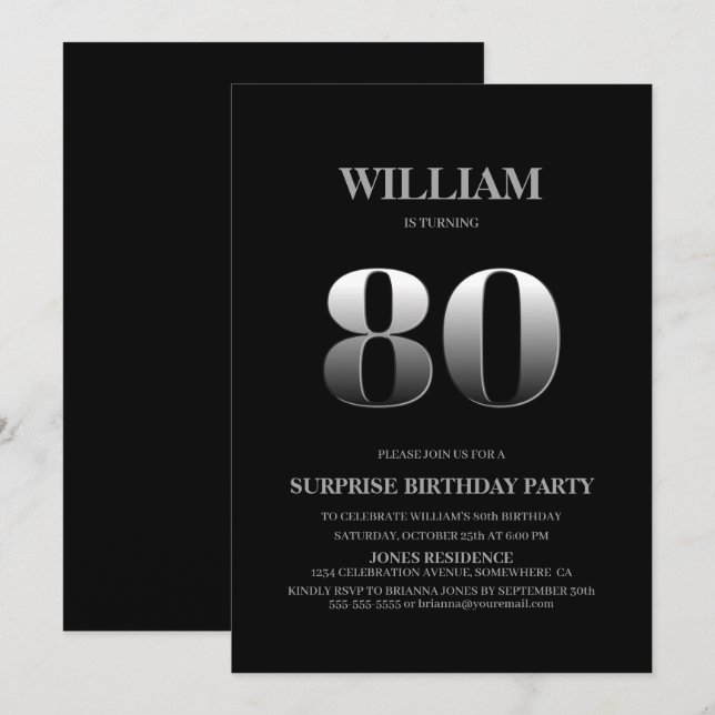 Minimalist Black and Silver Surprise 80th Birthday Invitation (Front/Back)