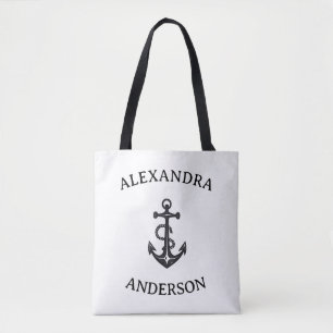 Minimalist Black and White Anchor Custom Name Tote Bag