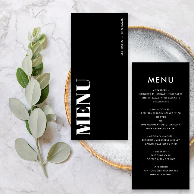 Minimalist Black and White Bold  Modern Wedding Menu (Front / Back)