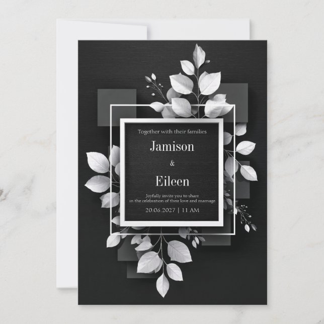 Minimalist Black and White Botanical Wedding Invitation (Front)