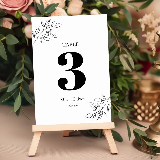 Minimalist Black and White Botanical Wedding Table Number (Creator Uploaded)