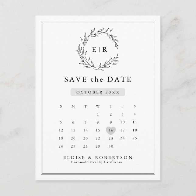 Minimalist Black and White Calendar Save the Date Postcard (Front)