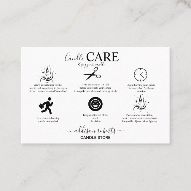 Minimalist Black And White Candle Care Business Card (Front)