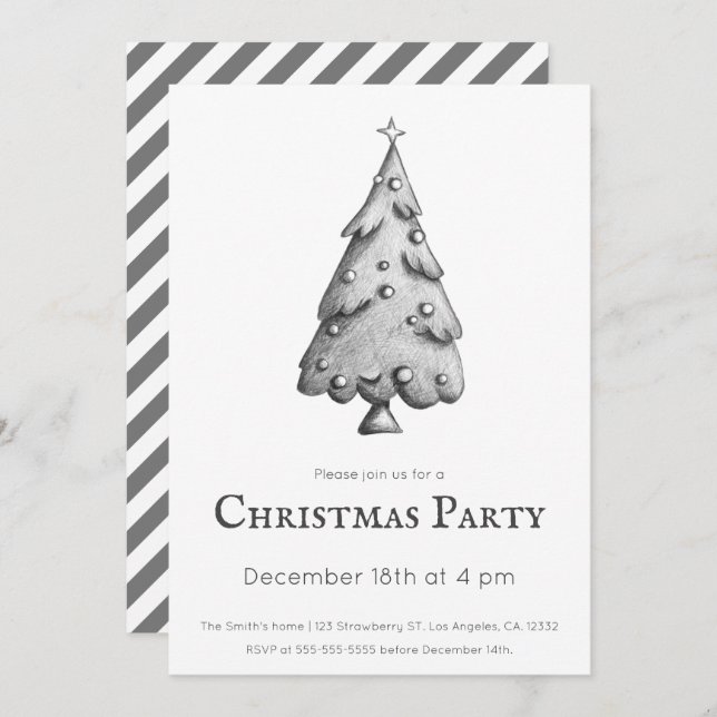 Minimalist Black and White Christmas Tree Party Invitation (Front/Back)