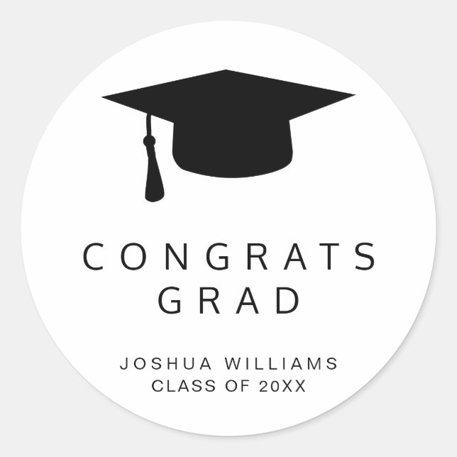 Minimalist Black and White Congrats Graduation Cap Classic Round Sticker (Front)