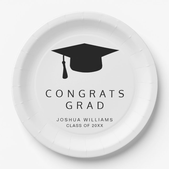 Minimalist Black and White Congrats Graduation Cap Paper Plate (Front)