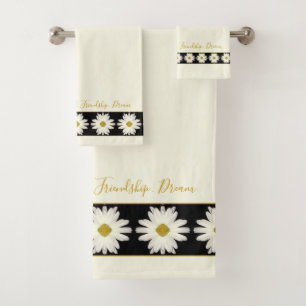 Minimalist Black and White Cream Daisy Floral Bath Towel Set