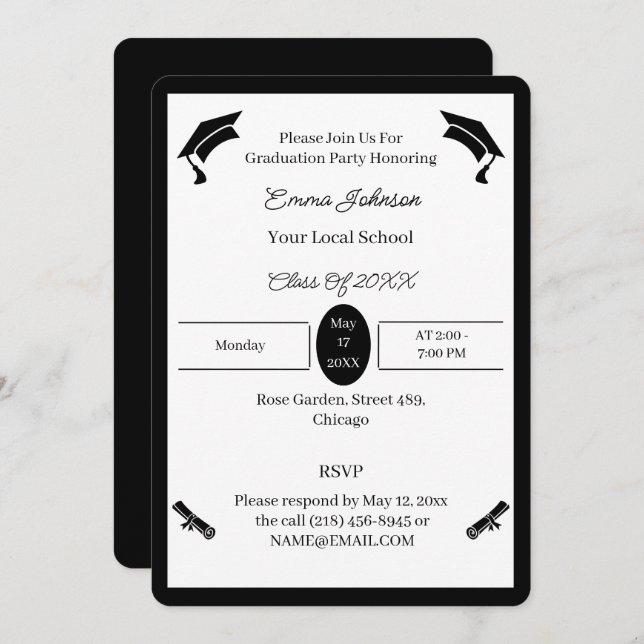 Minimalist Black And White Custom Graduation Invitation (Front/Back)
