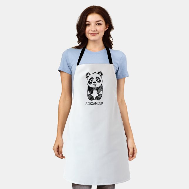 Minimalist Black and White Cute Panda Drawing  Apron (Worn)
