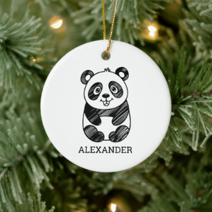 Minimalist Black and White Cute Panda Drawing  Ceramic Tree Decoration