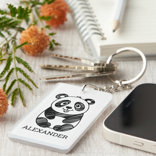 Minimalist Black and White Cute Panda Drawing  Key Ring (Front Right)