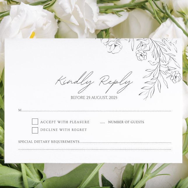 Minimalist Black and White Delicate Floral RSVP Card (Creator Uploaded)