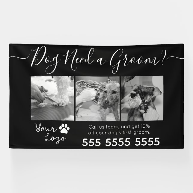 Minimalist Black and White Dog Grooming Banner (Horizontal)