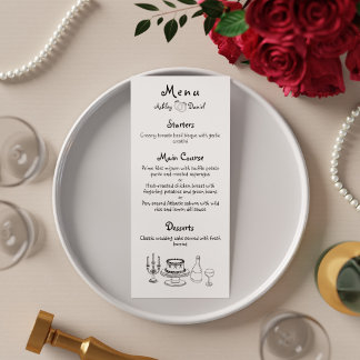 Minimalist Black and White Doodle Wedding Dinner Menu