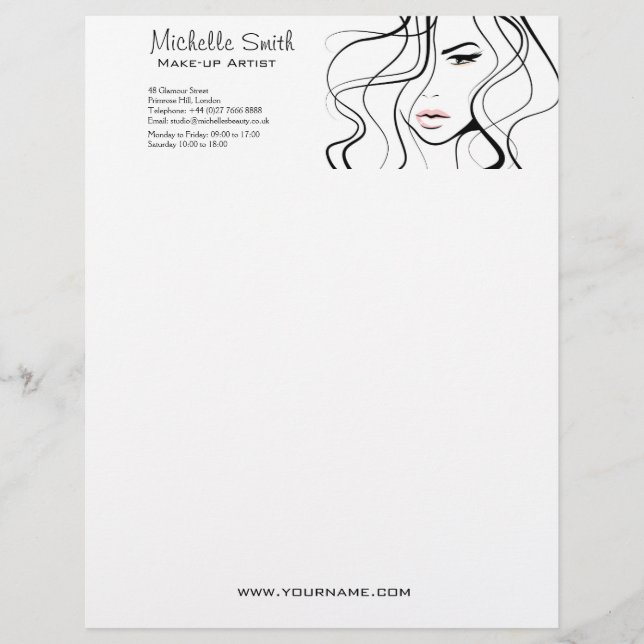 Minimalist Black and White Elegant Feminine Makeup Personalized Letterhead (Front)
