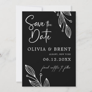 Minimalist Black and White Eucalyptus Leaf Wedding Save The Date