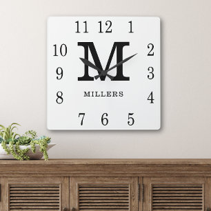Minimalist Black And White Family Name Monogrammed Square Wall Clock