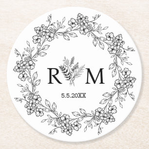 Minimalist Black and White Floral Monogram Wedding Round Paper Coaster