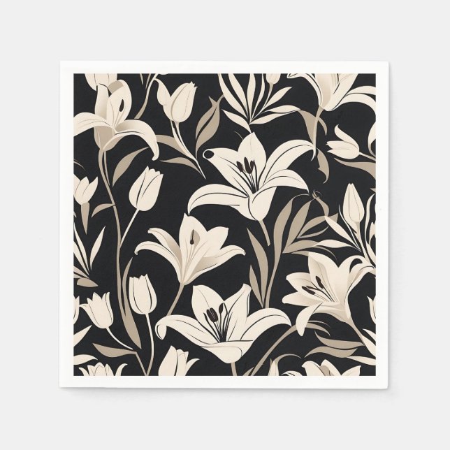 Minimalist Black and White Floral Pattern Napkin (Front)