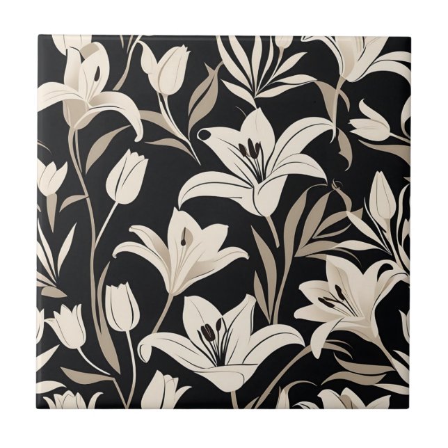 Minimalist Black and White Floral Pattern Tile (Front)