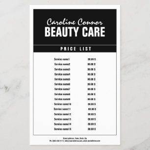 Minimalist black and white framed price list flyer