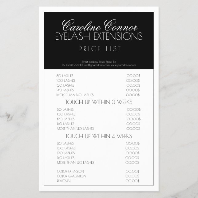 Minimalist black and white framed price list flyer (Front)