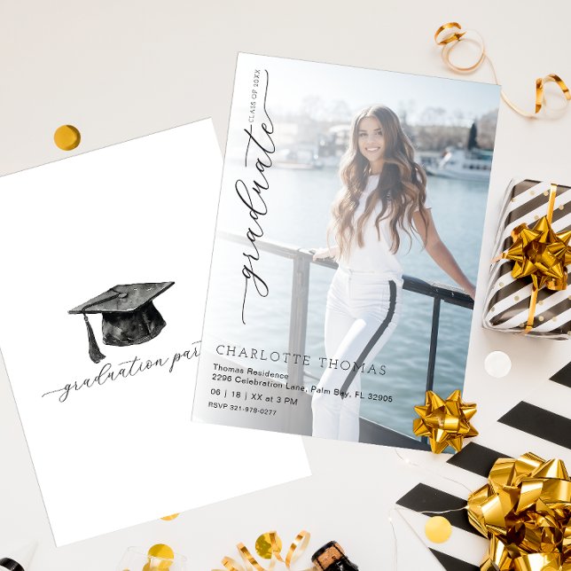 Minimalist Black and White Graduation Party  Invitation (Simple Graduation Party Invitation - One Photo)