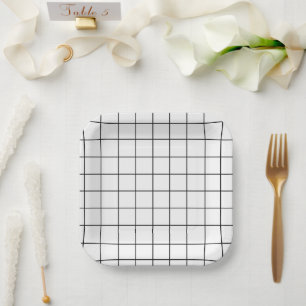 Minimalist Black And White Grid Paper Plate