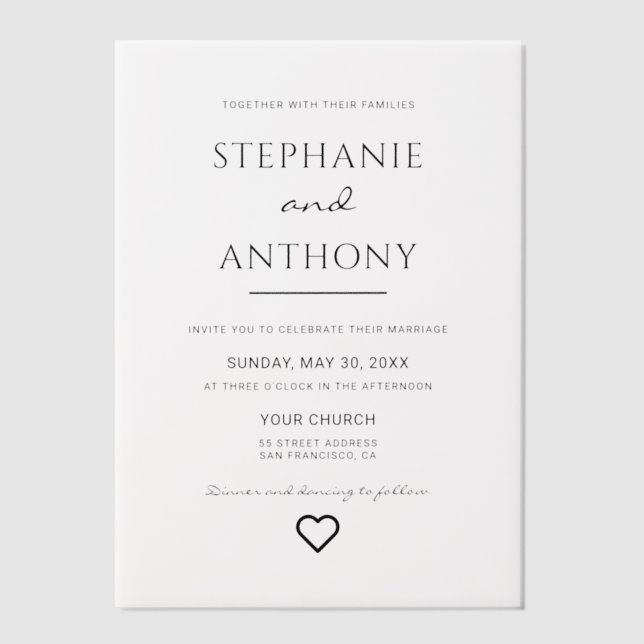 Minimalist Black And White Heart Modern Wedding  Vellum Invitations (Front)