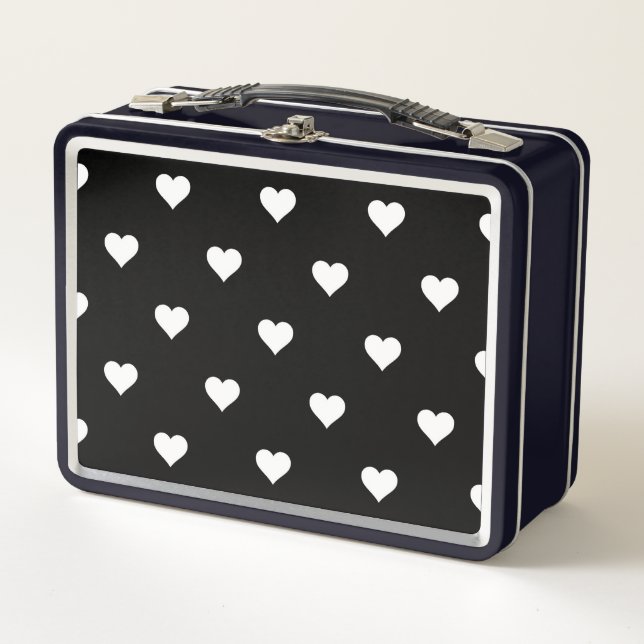 Minimalist Black and White Heart Pattern Metal Lunch Box (Front)