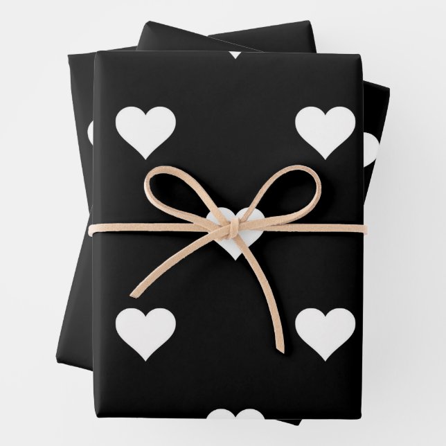Minimalist Black and White Heart Pattern Wrapping Paper Sheet (In situ)