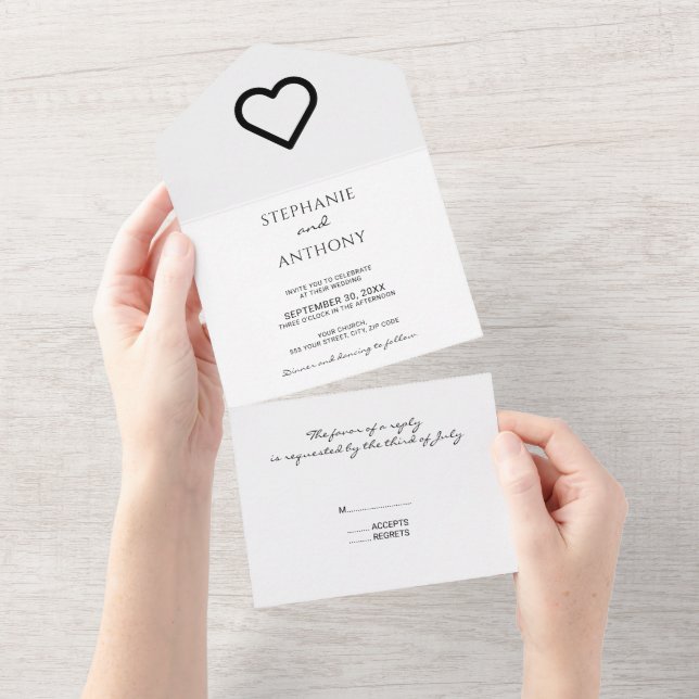 Minimalist Black And White Heart Wedding All In One Invitation (Tearaway)