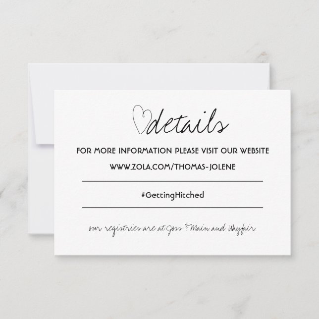 Minimalist Black and White Heart Wedding Detail RSVP Card (Front)