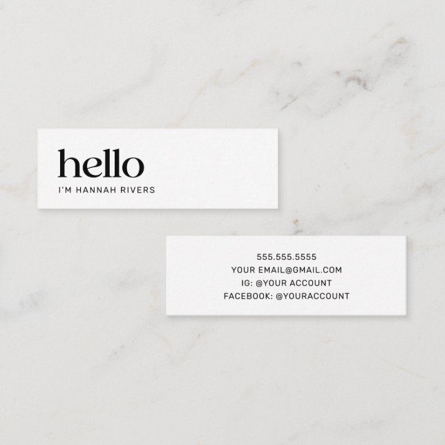 Minimalist Black and White HELLO  Mini Business Card (Front/Back)