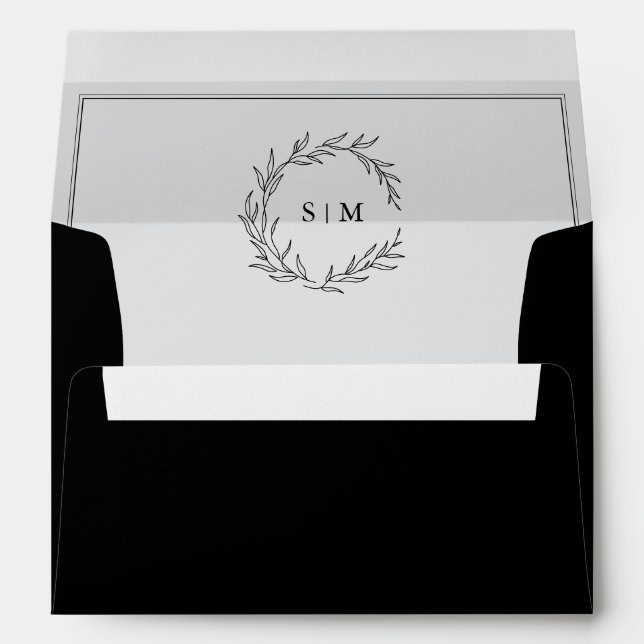 Minimalist Black and White Leaf Modern Wedding Envelope (Back (Bottom))