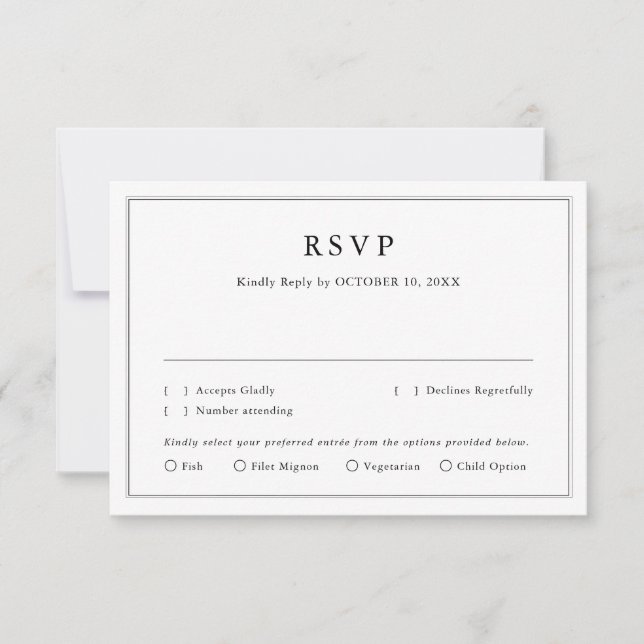 Minimalist Black and White Leaf Modern Wedding RSVP Card (Front)