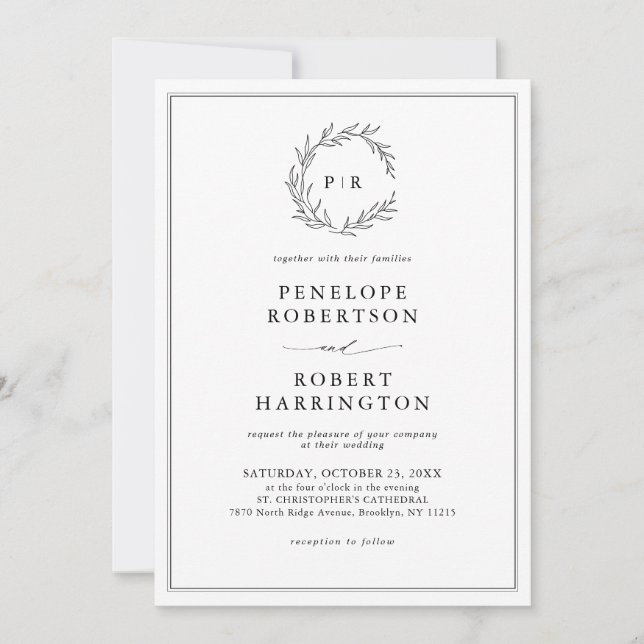 Minimalist Black and White Leaf QR Code Wedding Invitation (Front)