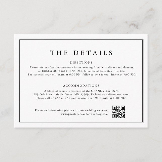 Minimalist Black and White Leaf  Wedding Details Enclosure Card (Front)