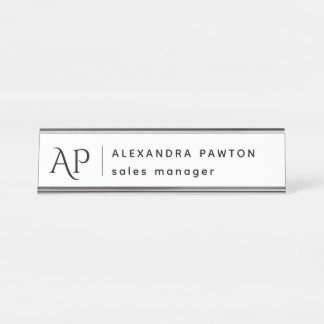 Minimalist Black and White Minimalist Monogram Desk Name Plate