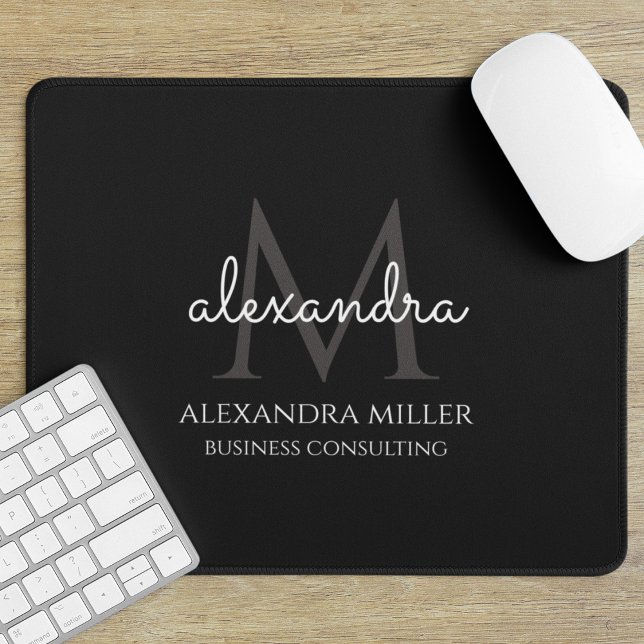 Minimalist Black and White Modern Monogram Name Mouse Mat (Creator Uploaded)