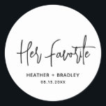 Minimalist Black and White Modern Wedding Classic Round Sticker<br><div class="desc">Modern wedding favour stickers featuring a simple design with "Her Favourite" in an elegant script typography along with your names and wedding date in a minimalist sans serif font. All design elements are in black and white. A chic design for any style of wedding. These custom stickers are great for...</div>