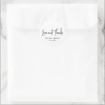 Minimalist Black and White Modern Wedding Classic Round Sticker<br><div class="desc">Modern wedding favour stickers featuring a simple design with "Love and Thanks" in an elegant script typography and your names and wedding date in a minimalist sans serif font. All design elements are in black and white. These chic favour stickers add a nice touch to favours for any style of...</div>