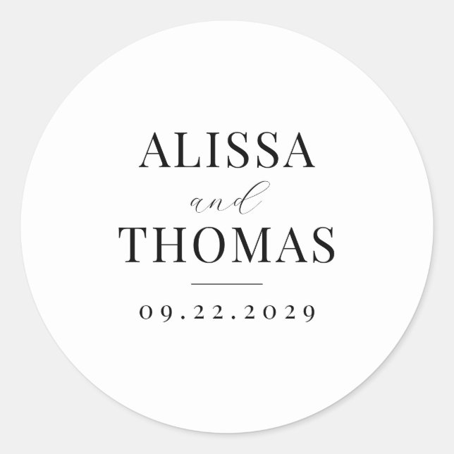 Minimalist Black and White Modern Wedding Classic Round Sticker (Front)