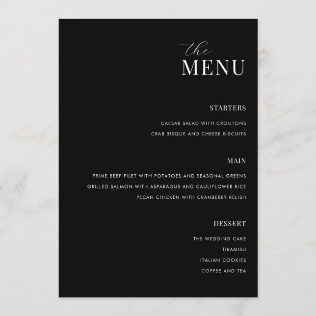 Minimalist Black and White Modern Wedding Menu (Front)