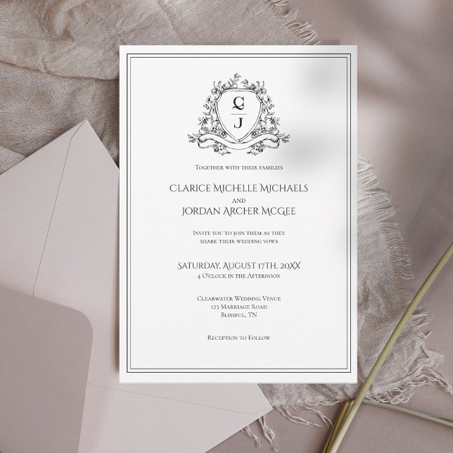 Minimalist Black and White Monogram Crest Wedding Invitation (Creator Uploaded)