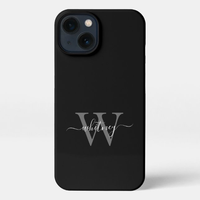 Minimalist Black and White Monogram Name + Initial iPhone Case (Back)
