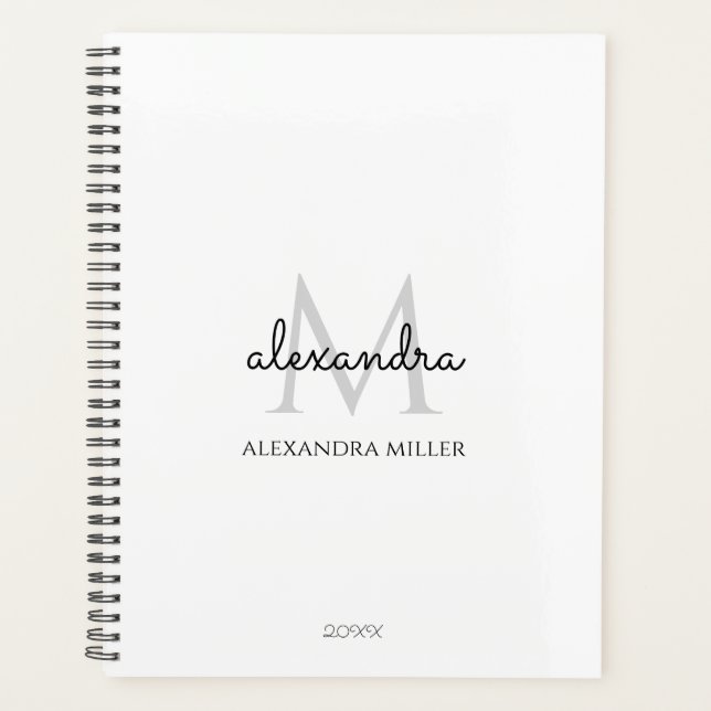 Minimalist Black and White Monogram Name Modern Planner (Front)